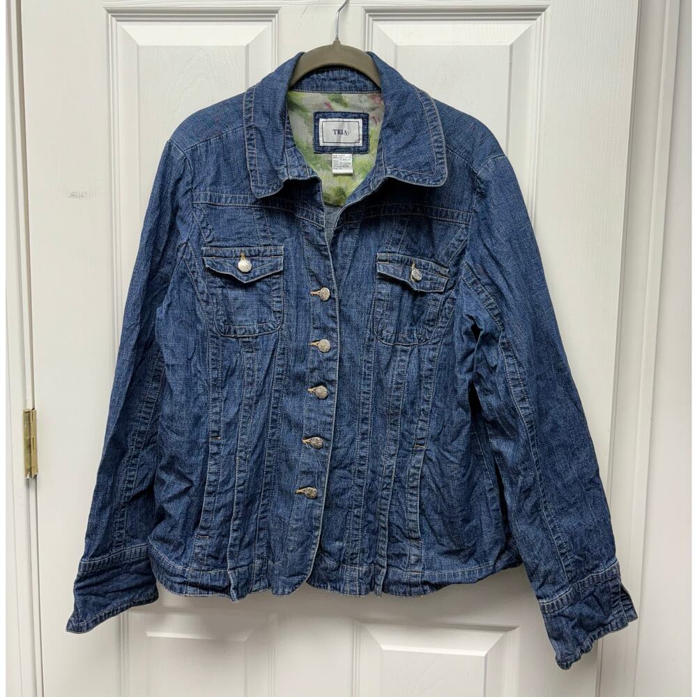 Tria Jean Jacket Fitted Floral Silver-toned Buttons XL